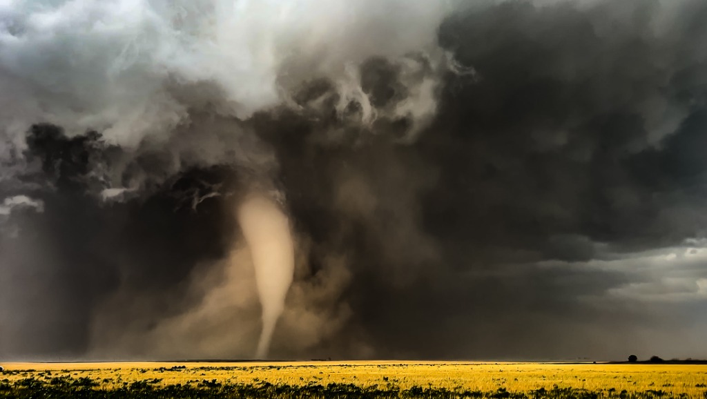 Massive tornado touching down over the golden Great Plains